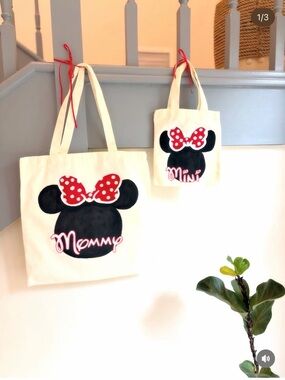Mommy and Mini Minnie Mouse Canvas Tote - Cream with Red Polka Bow